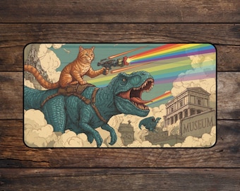Puede incluir: Alfombrilla de ratón rectangular con una ilustración fantástica. Un gato naranja monta un dinosaurio azul, empuñando una pistola de rayos que dispara un arcoíris. El fondo incluye un museo, nubes y un arcoíris.