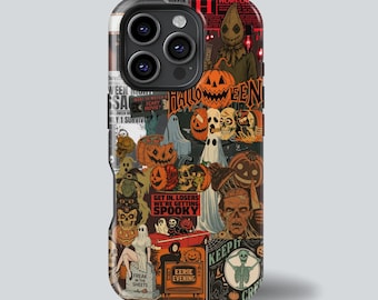 May include: A phone case with a Halloween-themed collage design. The case features pumpkins, ghosts, skulls, and vintage horror movie posters. The text includes "Halloween", "Horror", and "Get in, Losers, We're Getting Spooky".