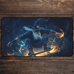 May include: A mousepad featuring a wizard skateboarding. The wizard is dressed in blue robes and a tall hat, with a long white beard. The background has a stormy sky with lightning and fiery effects.
