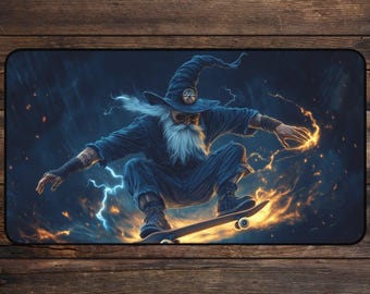 May include: A mousepad featuring a wizard skateboarding. The wizard is dressed in blue robes and a tall hat, with a long white beard. The background has a stormy sky with lightning and fiery effects.