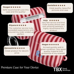 Puede incluir: Una funda para AirPods a rayas rojas y blancas con un mosquet&oacute;n plateado. La funda tiene la letra "R" en azul en el lateral. El texto "Premium Case for Your Device" est&aacute; en la parte inferior.