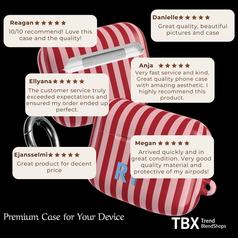 Puede incluir: Una funda para AirPods a rayas rojas y blancas con un mosquet&oacute;n plateado. La funda tiene la letra "R" en azul en el lateral. El texto "Premium Case for Your Device" est&aacute; en la parte inferior.
