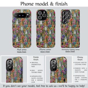 May include: Phone cases with floral and ghost patterns are displayed. The cases are for Pixel, iPhone, and Samsung Galaxy series phones. The Pixel series has a matte finish, while the iPhone and Samsung Galaxy series have a glossy finish. The text says, "If you don't see your model, feel free to ask us."