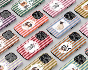 Aangepaste telefoonhoesje huisdierfoto, gepersonaliseerde strepen hondentelefoonhoesje, huisdierportret van foto, hondenkat cadeau voor dierenliefhebber