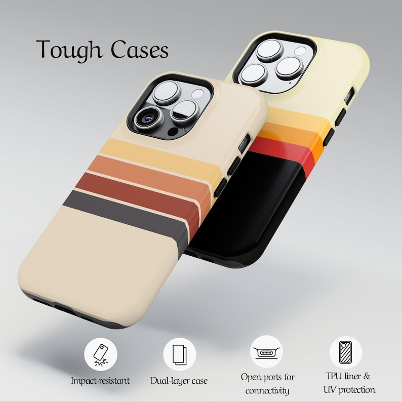 May include: Two phone cases with a retro stripe design in beige, orange, brown, and black. The cases have the text "Tough Cases" and feature impact-resistant, dual-layer, and UV protection.