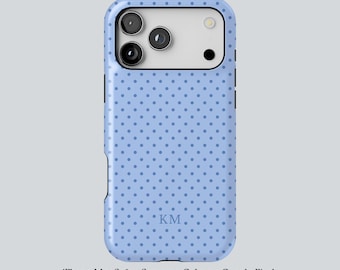 Telefoonhoesje babyblauw polkadot gepersonaliseerd monogram iPhone 17 hoesje initialen cadeau