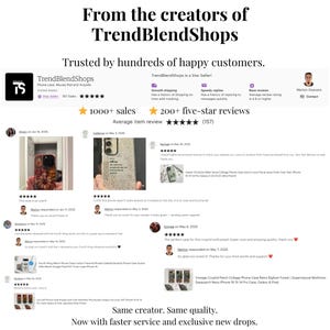 May include: Image showcasing positive customer reviews for TrendBlendShops, a seller of phone cases and accessories. The reviews highlight product quality, fast shipping, and responsive customer service. Text includes "1000+ sales" and "200+ five-star reviews."