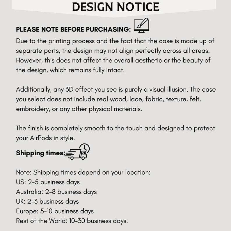 Puede incluir: Texto sobre un fondo gris claro que dice "AVISO DE DISE&Ntilde;O" y "POR FAVOR, TENGA EN CUENTA ANTES DE COMPRAR:" seguido de detalles sobre el dise&ntilde;o y los materiales del producto. Tambi&eacute;n menciona que el acabado es suave y est&aacute; dise&ntilde;ado para proteger los AirPods.