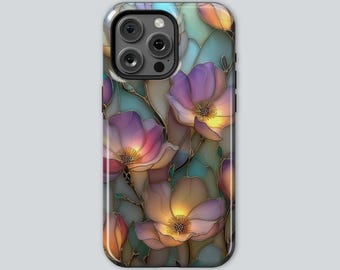 Etui na telefon z kwiatowym witrażem • Secesyjny styl na iPhone'a 17 16 15 14, botaniczny Samsung i Pixel