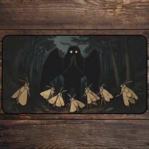 May include: A dark, rectangular mousepad featuring a forest scene with a large, black, winged creature with glowing eyes, surrounded by several moths. The background shows a dark forest with tall trees.