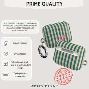 Puede incluir: Funda para AirPods Pro Gen 2 con un dise&ntilde;o de rayas verdes y crema. La funda tiene un mosquet&oacute;n plateado y las iniciales "LCP" en rosa. La funda es resistente a los impactos y est&aacute; fabricada en EE. UU.