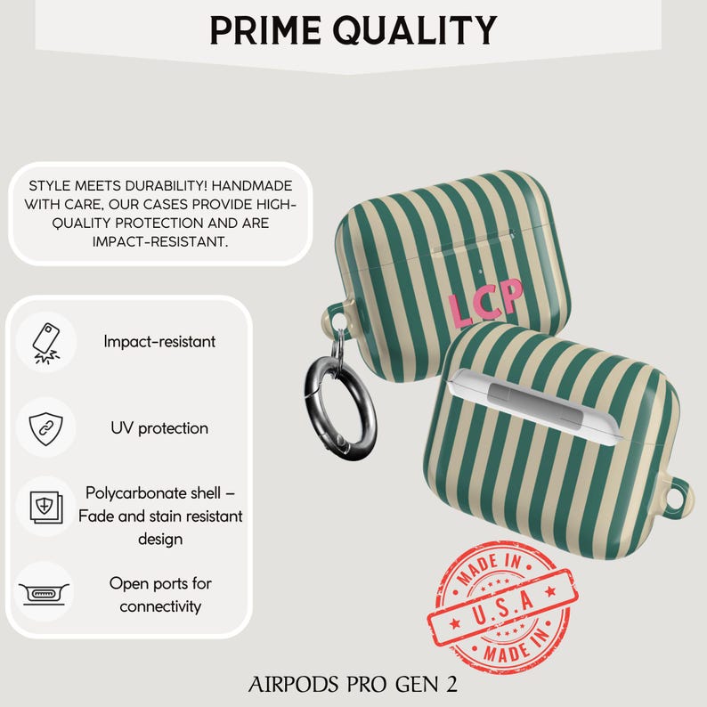 Puede incluir: Funda para AirPods Pro Gen 2 con un dise&ntilde;o de rayas verdes y crema. La funda tiene un mosquet&oacute;n plateado y las iniciales "LCP" en rosa. La funda es resistente a los impactos y est&aacute; fabricada en EE. UU.