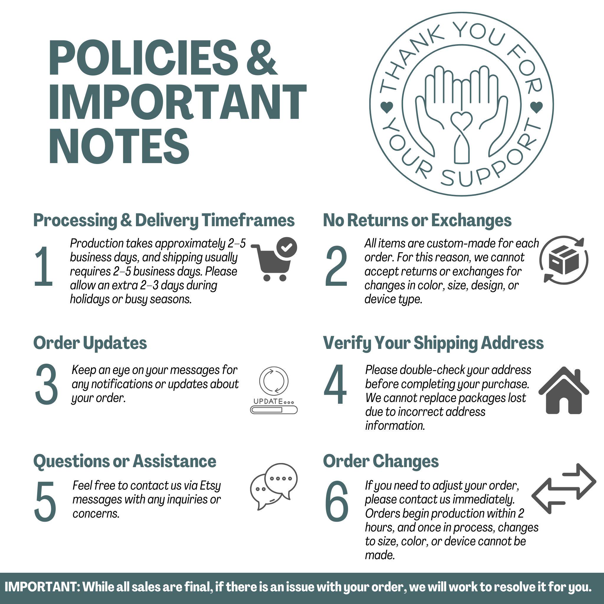 Puede incluir: Un gr&aacute;fico en verde azulado y blanco con el texto "POLICIES & IMPORTANT NOTES". La imagen incluye informaci&oacute;n sobre los tiempos de procesamiento, devoluciones, actualizaciones de pedidos, verificaci&oacute;n de la direcci&oacute;n de env&iacute;o y cambios de pedido. Un gr&aacute;fico circular dice "THANK YOU FOR YOUR SUPPORT".