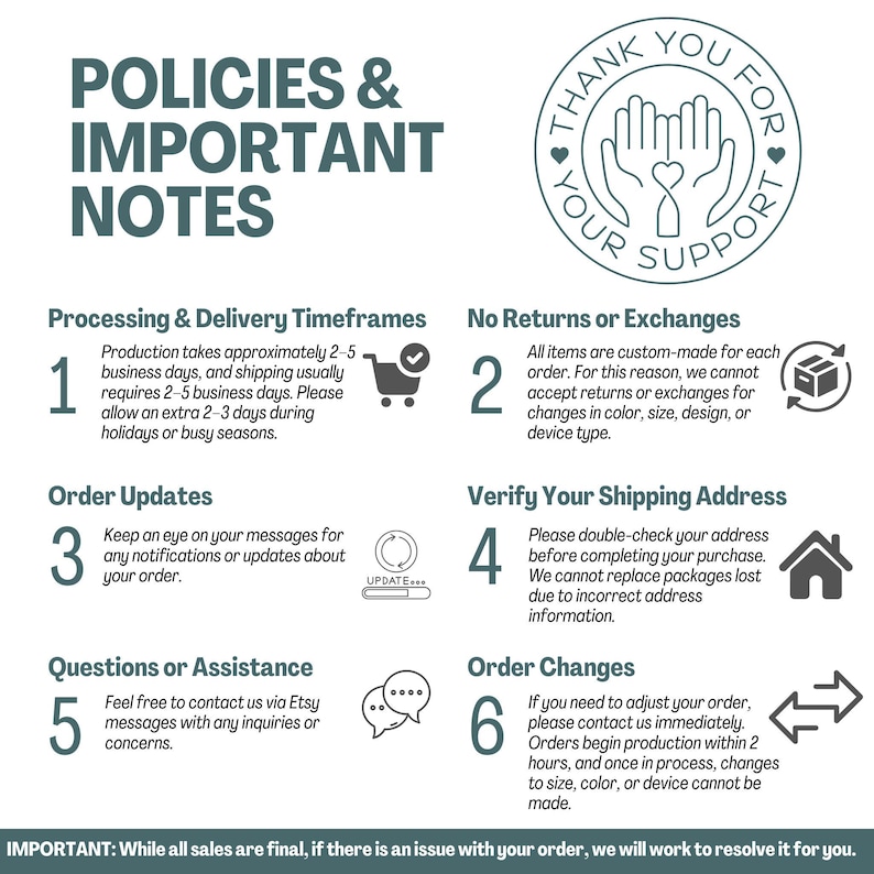 Puede incluir: Un gr&aacute;fico en verde azulado y blanco con el texto "POLICIES & IMPORTANT NOTES". La imagen incluye informaci&oacute;n sobre los tiempos de procesamiento, devoluciones, actualizaciones de pedidos, verificaci&oacute;n de la direcci&oacute;n de env&iacute;o y cambios de pedido. Un gr&aacute;fico circular dice "THANK YOU FOR YOUR SUPPORT".