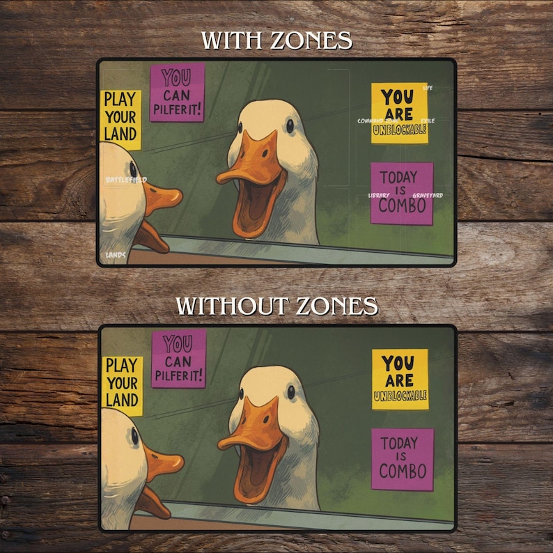 K&ouml;nnte beinhalten: Rechteckige Spielmatte mit einer Cartoon-Enten-Illustration. Die Matte enth&auml;lt Text: "PLAY YOUR LAND", "YOU CAN PILFER IT!", "YOU ARE UNBLOCKABLE" und "TODAY IS COMBO". Das Design ist mit und ohne Zonen erh&auml;ltlich.