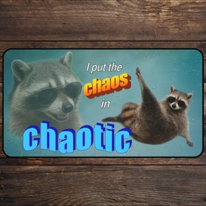 May include: A rectangular mat featuring two raccoons wearing sunglasses. The text "I put the chaos in chaotic" is displayed in blue and orange. The background is a light blue color.