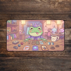 May include: A rectangular playmat featuring a cartoon green frog wearing a purple wizard hat and cape, sitting at a wooden table with game cards, dice, and coins. The background shows a tavern interior with shelves labeled Goblins & Gold.