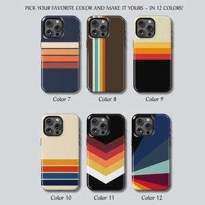 May include: A collection of iPhone cases in various colors and retro designs. Each case features a unique color scheme with horizontal stripes, vertical stripes, or geometric patterns. The text "PICK YOUR FAVORITE COLOR AND MAKE IT YOURS - IN 12 COLORS!" is displayed.