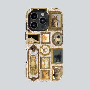 May include: A phone case featuring a collage of framed cat portraits in various poses and colors. The case has a cream-colored background with a subtle floral pattern. The frames are gold-toned, and the cats are depicted in a variety of breeds.