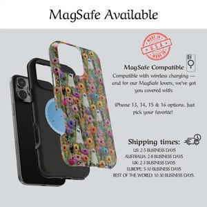 May include: A black iPhone with a floral and ghost-themed MagSafe compatible case. The case features a colorful flower pattern with white ghost illustrations. The text "MagSafe Available" is at the top.