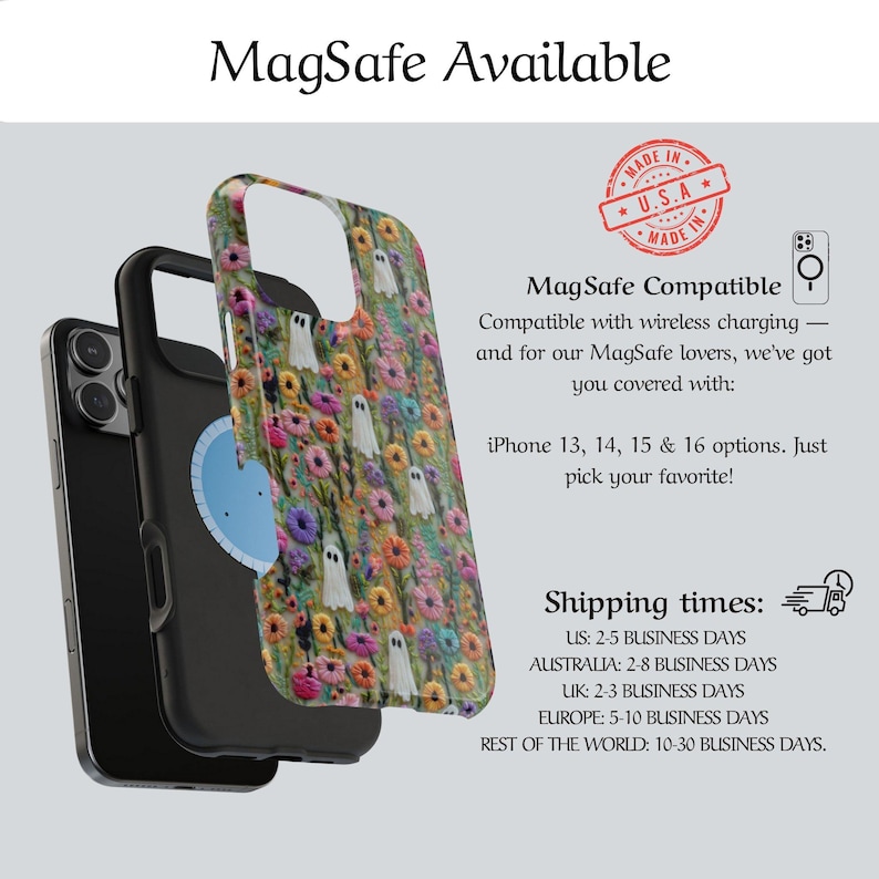 May include: A black iPhone with a floral and ghost-themed MagSafe compatible case. The case features a colorful flower pattern with white ghost illustrations. The text "MagSafe Available" is at the top.