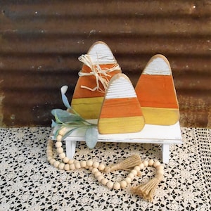 Handmade Wood Candy Corn Single or Set of 3, Rustic Halloween Decor, Candy Corn Shelf Sitter or Tiered Tray Decor