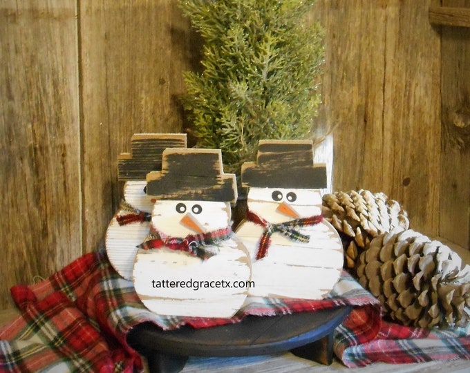Featured listing image: Wood Snowman, Rustic Christmas Decorations, Primitive Snowman, Christmas Tiered Tray Decor, Snowman Decor, Sold Individually