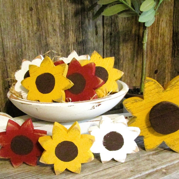 3 1/2 Inch Handmade Wood Sunflower Bowl Filler or Tiered Tray Decor, Reclaimed Wood Sunflower, Rustic Fall Decor, Sunflower Decor, S115