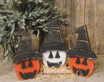 7 1/2 Inch Wood Jack O Lantern Shelf Sitter or Tiered Tray Decor, Reclaimed Wood Handmade Fall Decor, Sold Individually