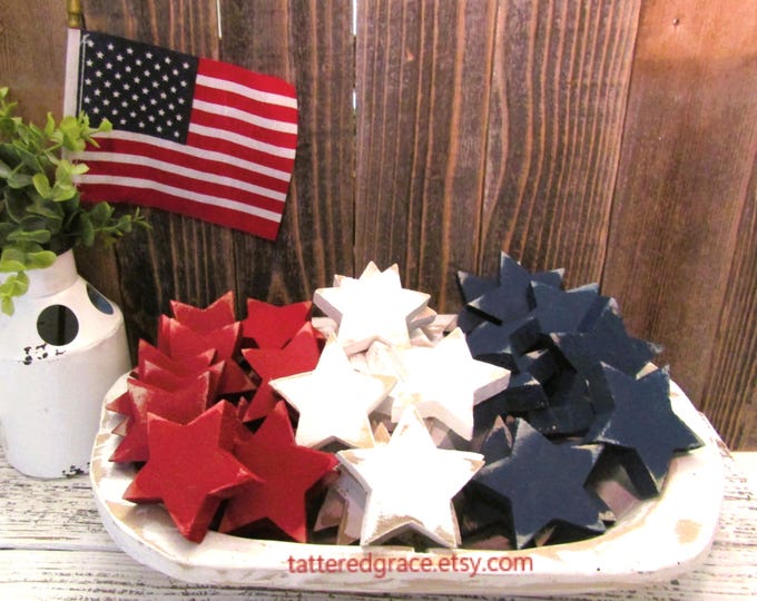 Featured listing image: Mini Wood Stars, Patriotic Decor, Americana, July 4th Decorations, Tiered Tray  Star, Star Bowl Fillers, Rustic Star Sold in Sets of 3 or 6