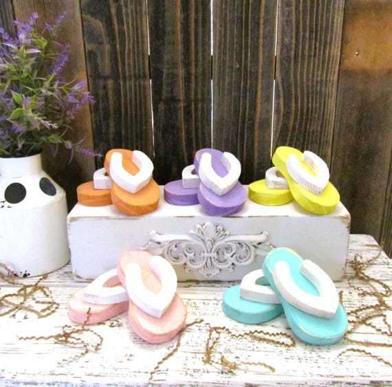 Pastel Wood Flip Flop Pair: Rustic Summer Tiered Tray Decor