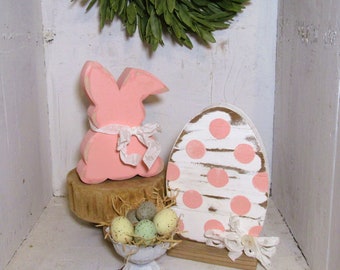 6 Inch Chunky Pink Rabbit, 7 Inch Polka Dot Egg, Farmhouse Easter, Rustic Easter, Shelf Sitters, Sold Individually