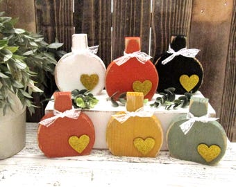 5 Inch Handmade Wood Pumpkin with Heart, Tabletop Decor or Tiered Tray Decor, Rustic Fall Decor, Halloween Decorations, Primitive Fall Decor