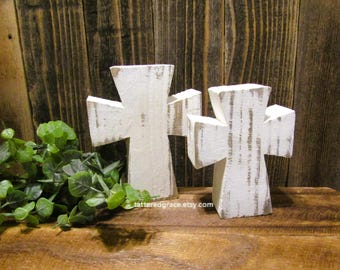 White Chunky Wood Cross, Tiered Tray Decor, Religious Gift, Baptism, Easter Decor,  Rustic Cross, Tabletop Cross, Sold Individually, C204