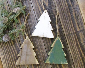 4 Inch Primitive Wood Christmas Tree Ornaments, Rustic Christmas Tree, Holiday Decor, Christmas Ornaments,  Single (1) or Set