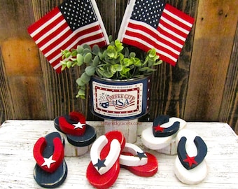 Small Wood Patriotic Flip Flop Pair, Summer Tiered Tray Decor, Americana , Beach Flip Flops, Tiered Tray Decor, Fourth of July,F100