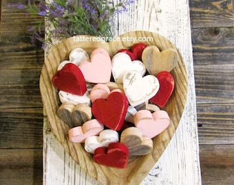 Mini Wood Heart Set of 4, Valentine's Gift, Wood Heart Decor, Rustic Heart, Heart Bowl Filler, Tray Decor, Anniversary, Painted Hearts H104