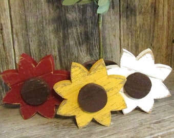 6 Inch Handmade Wood Sunflower Chunky Shelf Sitter or Tiered Tray Decor, Fall Table Top Decorations, Thanksgiving Decor, Sold Individually