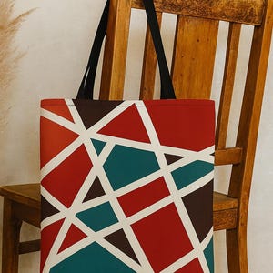Urban Echo Tote Bag – Bold Geometric Abstract Tote in Red, Teal & Mustard | Modern Art Canvas Bag with Optional Handle Colors