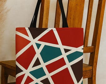 Geometric Abstract Tote Bag: Red, Teal & Mustard Canvas - Urban Echo Design
