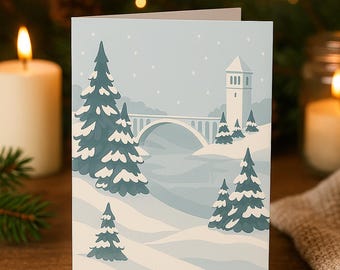 Lilac City Winter Holiday Card | Spokane Greeting Card | Minimalist Snowy Bridge Art | Cozy PNW Christmas Card