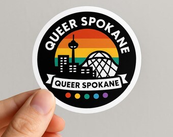 Queer Spokane Pride Sticker: Rainbow Skyline Vinyl Decal