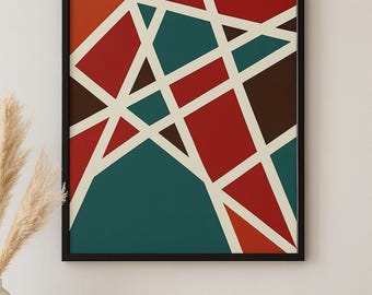 Geometric Abstract Art Print: Modern Red Teal Brown Framed Wall Decor 8x10