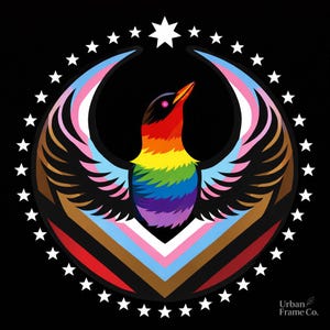 May include: A colorful bird design with rainbow plumage and outstretched wings, set against a black background. The bird is encircled by a ring of white stars, with a larger star at the top. The design incorporates the colors of the LGBTQ+ and transgender pride flags.