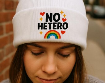 No Hetero Beanie | Funny LGBTQ Pride Hat | Queer Printed Beanie | Rainbow Gay Pride Gift | Inclusive Winter Hat | Equality Streetwear