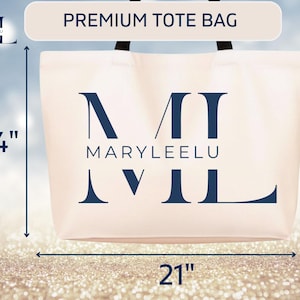 May include: A cream-colored tote bag with black handles featuring the dark blue text MARYLEELU and a large stylized ML logo. The bag measures 14 inches in height and 21 inches in width, as indicated by the visible measurement arrows and labels.