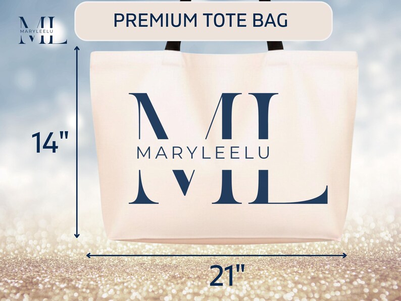 May include: A cream-colored tote bag with black handles featuring the dark blue text MARYLEELU and a large stylized ML logo. The bag measures 14 inches in height and 21 inches in width, as indicated by the visible measurement arrows and labels.