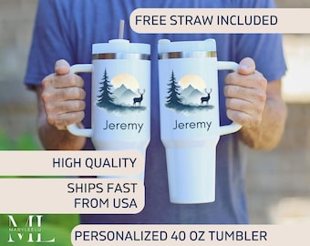 Personalized Mountain Tumbler (40 oz) Travel Cup - Hiking Lover Mug | custom Nature Lover Cup | Forest Tumbler Mug Deer - gift for him