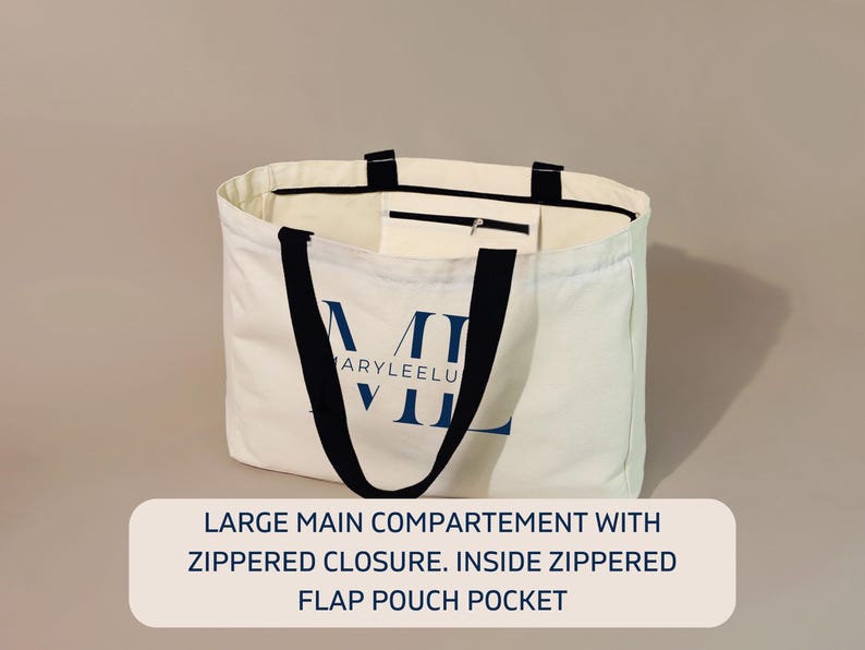 May include: A large off-white canvas tote bag with black handles and a blue logo reading MARYLEELU. The bag features a main compartment with a zippered closure and an interior zippered flap pouch pocket for secure storage of small items.