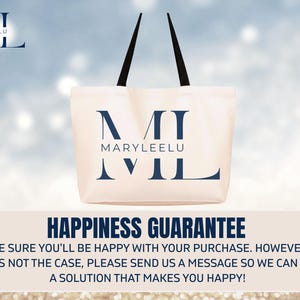 May include: A cream-colored tote bag with black handles featuring the dark blue logo and text MARYLEELU. Below the bag, a rectangular box contains the text HAPPINESS GUARANTEE followed by a message about customer satisfaction and support.